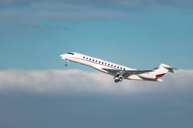 Zurich, Switzerland, January 20,2023 Bombardier Global 7500 business aircraft is taking off from runway 28 after the world economic forum in Davos