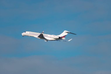 Zurich, Switzerland, January 20,2023 Bombardier Global 7500 business aircraft is taking off from runway 28 after the world economic forum in Davos