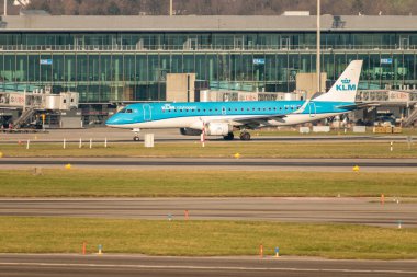 Zurich, Switzerland, January 20,2023 KLM Royal Dutch airlines Embraer E-190STD aircrafttakeoff from runway 28