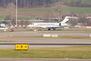 Zurich, Switzerland, January 20,2023 Bombardier Global 7500 business aircraft departing from runway 28 after the world economic forum in Davos