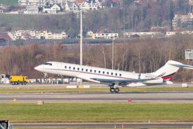Zurich, Switzerland, January 20,2023 Bombardier Global 7500 business aircraft departing from runway 28 after the world economic forum in Davos