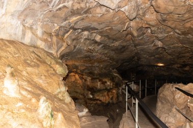 Saint Beatus, Canton Bern, Switzerland, February 12, 2023 Incredible beautiful rock formations inside the popular Saint Beatus caves near Interlaken at the lake of Thun