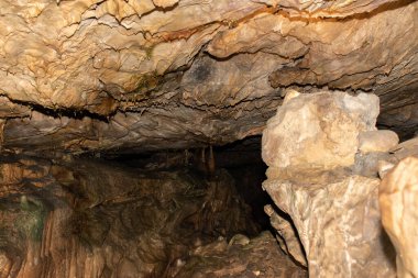 Saint Beatus, Canton Bern, Switzerland, February 12, 2023 Incredible beautiful rock formations inside the popular Saint Beatus caves near Interlaken at the lake of Thun