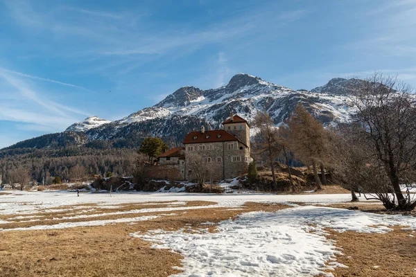 Silvaplana Switzerland February 2023 Historic Old Castle Crap Sass Lake — Stockfoto