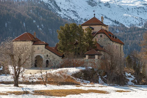 Silvaplana Switzerland February 2023 Historic Old Castle Crap Sass Lake — Stockfoto