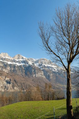 Unterterzen, Canton Saint Gallen, Switzerland, February 10, 2023 Incredible view over the Alpstein mountains and the lake of Walensee