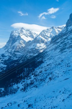 Grindelwald, Canton Bern, İsviçre, 11 Şubat 2023 Güneşli bir günde Wetterhorn Dağı karla kaplı.