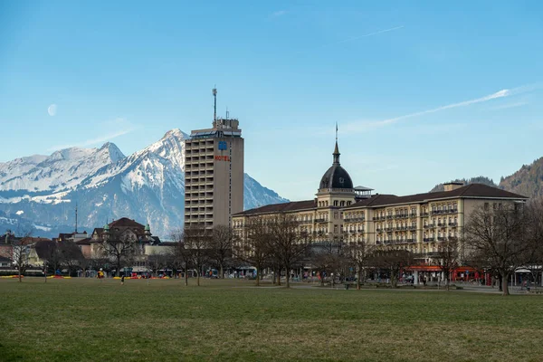 Interlaken Švýcarsko Února 2023 Grand Hotel Victoria Centru Města Ránu — Stock fotografie