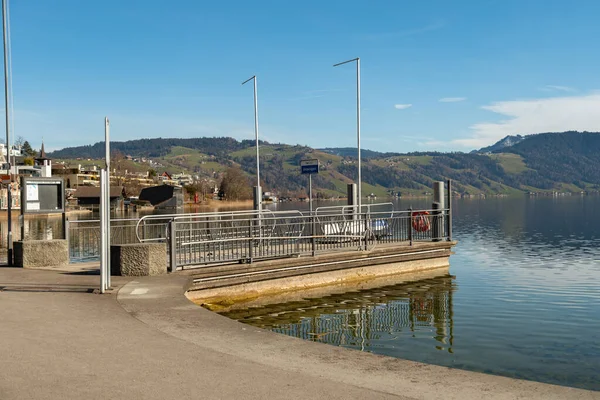 スイスのUnteraegeri 2023年2月20日エーゲリゼ湖の沿岸のボート桟橋 — ストック写真