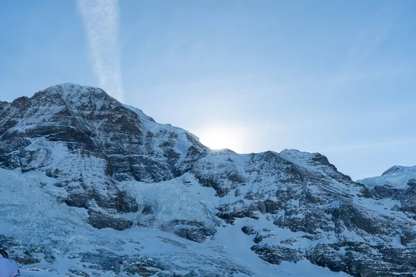 Eigergletscher Canton Bern Switzerland February 2023 Sun Rising Summit Snow — Stock Photo, Image