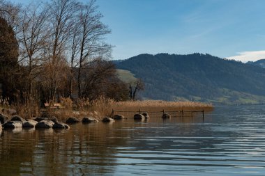 Oberaegeri, İsviçre, 20 Şubat 2023 Güneşli bir günde Aegerisee Gölü üzerinde inanılmaz panoramik manzara