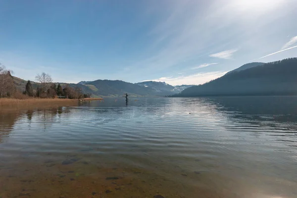 Oberaegeri Szwajcaria Lutego 2023 Wspaniała Sceneria Krajobrazu Nad Jeziorem Egeryjskim — Zdjęcie stockowe