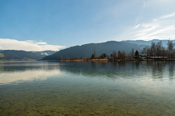 Unteraegeri Suiza Febrero 2023 Paisaje Idílico Orilla Del Lago Aegerisee —  Fotos de Stock