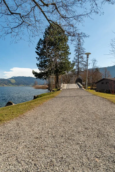 stock image Unteraegeri, Switzerland, February 20, 2023 Idyllic landscape at the waterfront of the lake Aegerisee on a sunny day