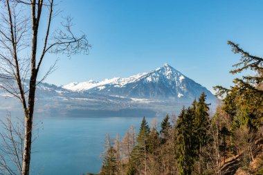 Beatenberg, Canton Bern, İsviçre, 12 Şubat 2023 Thun Gölü ve güneşli bir günde arka planda Niesen Dağı 'nın büyüleyici manzarası