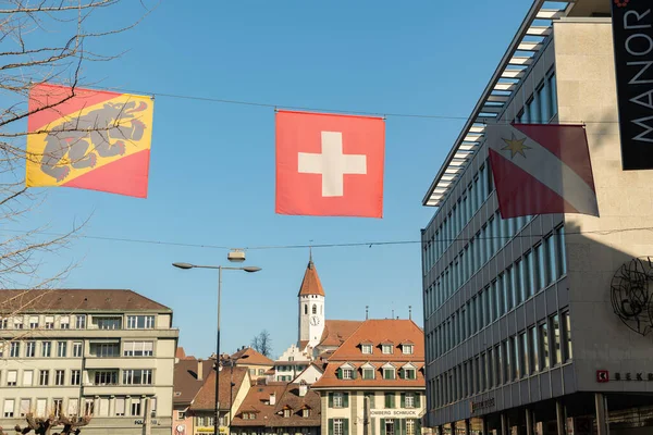 Thun Switzerland February 2023 Swiss Flag Hanging Main Street City — Stock Photo, Image