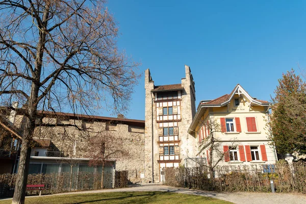 Тун Швейцария Февраля 2023 Здания Небольшой Зеленый Парк Центре Города — стоковое фото