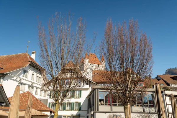 Thun Schweiz Februar 2023 Stadtbild Mit Der Historischen Alten Burg — Stockfoto
