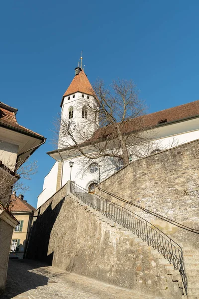 Thun Switzerland Február 2023 Történelmi Óváros Templom Központban Egy Napsütéses — Stock Fotó