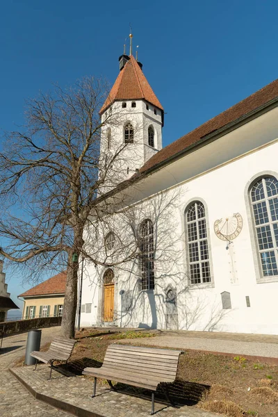 stock image Thun, Switzerland, February 13, 2023 Historic old city church in the center on a sunny day