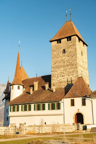 stock image Spiez, Canton Bern, Switzerland, February 12, 2023 Beautiful castle Spiez at the coast of the lake of Thun on a sunny day