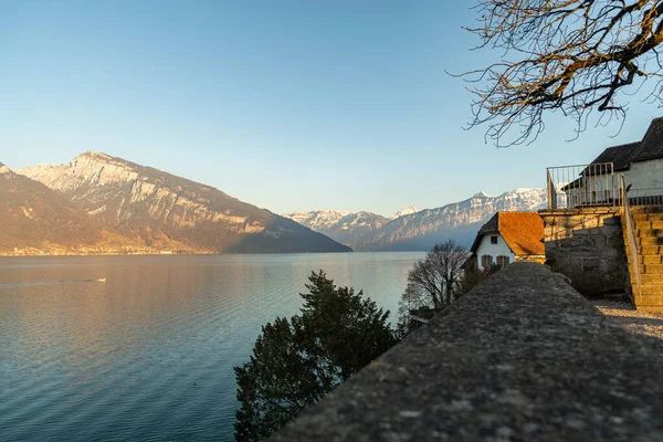 Spiez Sviçre Şubat 2023 Thun Gölü Nün Muhteşem Manzarası Arka — Stok fotoğraf