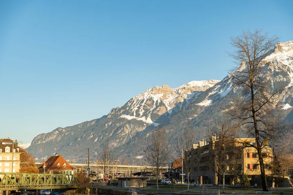 stock image Interlaken, Switzerland, February 10, 2023 Alpine scenery at the river promenade in the city center