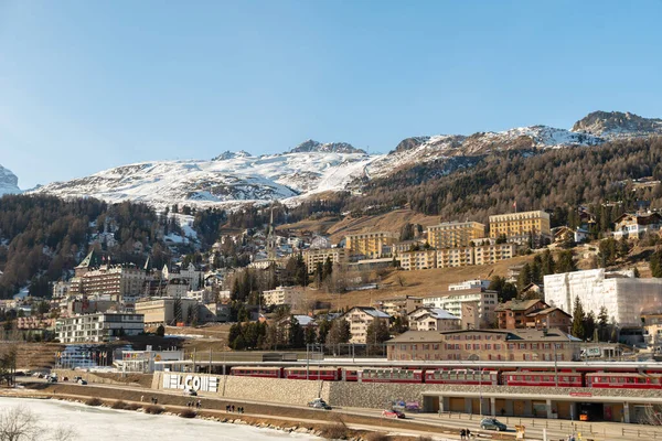 stock image Saint Moritz, Switzerland, February 21, 2023 Panoramic view over the city center with a fantastic alpine scenery