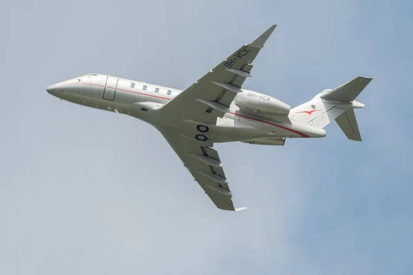 stock image Zurich, Switzerland, May 2, 2023 9H-VCX Bombardier Challenger 350 aircraft take off from runway 28