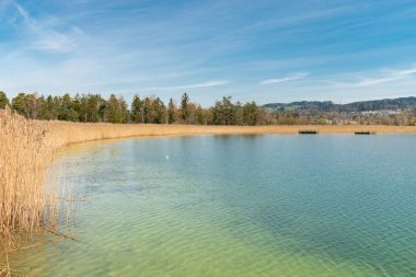 Pfaeffikon, Canton Zürih, İsviçre, 10 Nisan 2023 Güneşli bir bahar gününde Pfaeffikersee Gölü üzerindeki muhteşem manzara