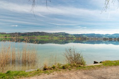 Pfaeffikon, Canton Zürih, İsviçre, 10 Nisan 2023 Güneşli bir bahar gününde Pfaeffikersee Gölü üzerindeki muhteşem manzara