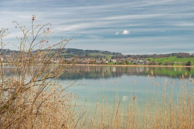 Pfaeffikon, Canton Zürih, İsviçre, 10 Nisan 2023 Güneşli bir bahar gününde Pfaeffikersee Gölü üzerindeki muhteşem manzara