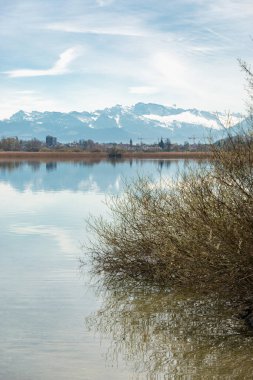 Pfaeffikon, Canton Zürih, İsviçre, 10 Nisan 2023 Pfaeffikersee gölünün karşısındaki büyüleyici kar manzaralı güneşli bir günde arka planda kalan büyüleyici Alpler
