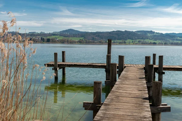 パフェフィコン カントン チューリッヒ スイス 2023年4月10日湖の沿岸にある小さな木製の桟橋地元の魅力的な景色を望むPfaeffikersee — ストック写真