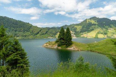 Waegital, Canton Schwyz, İsviçre, 13 Haziran 2023 Güneşli bir günde muhteşem İsviçre Alpleri ile çevrili Waegitalersee Gölü 'nün muhteşem manzarası