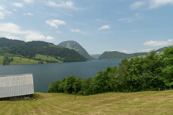 2023年6月13日スイス カントン シュヴィーツ美しい湖の素晴らしい景色晴れた日に雄大なスイスのアルプスに囲まれたWaegitalersee — ストック写真