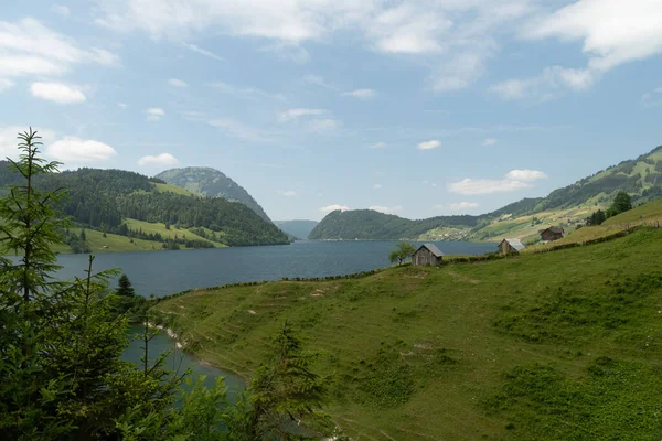 2023年6月13日スイス カントン シュヴィーツ美しい湖の素晴らしい景色晴れた日に雄大なスイスのアルプスに囲まれたWaegitalersee — ストック写真