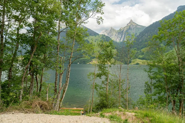 2023年6月13日 瑞士施维茨州瓦吉塔湖的奇景 背景是宏伟的Zindlenspitz山的最高峰 — 图库照片