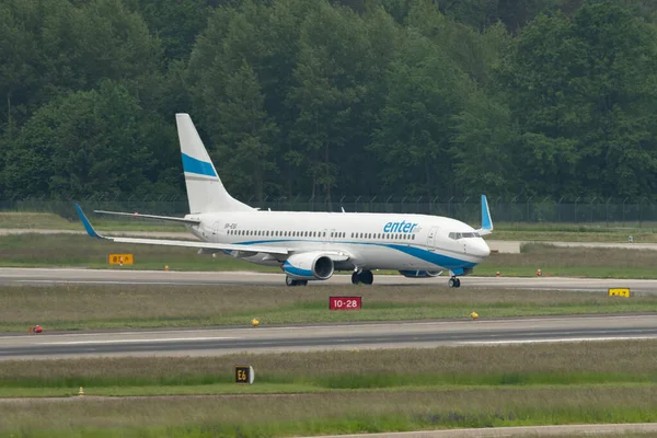 stock image Zurich, Switzerland, May 19, 2023 SP-ESI Enter Air Boeing 737-8Q8 aircraft is departing from runway 10