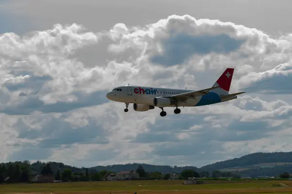 stock image Zurich, Switzerland, July 13, 2023 HB-JOJ Chair Airlines Airbus A319-112 aircraft is landing on runway 14