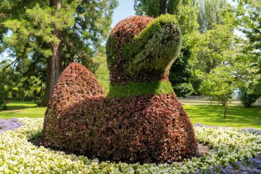 Mainau, Almanya, 20 Temmuz 2023 Çiçeklerden ördek heykeli güzel bir parkta sergileniyor