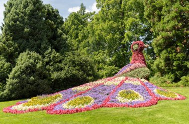 Mainau, Almanya, 20 Temmuz 2023 Çiçeklerle yapılmış bir tavus kuşu güzel bir parkta sergileniyor
