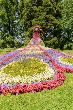Mainau, Almanya, 20 Temmuz 2023 Çiçeklerle yapılmış bir tavus kuşu güzel bir parkta sergileniyor
