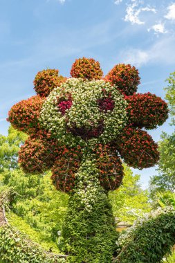 Mainau, Almanya, 20 Temmuz 2023 Güzel bir parkta çiçeklerle gülümseyen bir yüzü olan güneş çiçeği figürü