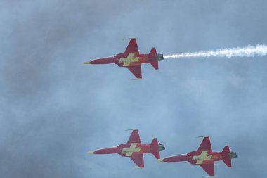 Mollis, İsviçre, 18 Ağustos 2023 Patrouille Suisse Northrop F-5E Tiger II askeri jeti bir hava gösterisi sırasında akrobatik uçuşlar yapıyor.