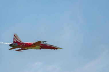 Mollis, İsviçre, 18 Ağustos 2023 Patrouille Suisse Northrop F-5E Tiger II askeri jeti bir hava gösterisi sırasında akrobatik uçuşlar yapıyor.