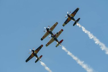 Mollis, İsviçre, 18 Ağustos 2023 Uçan Boğalar bir hava gösterisi sırasında akrobatik uçuş gösterileri