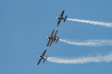 Mollis, İsviçre, 18 Ağustos 2023 Uçan Boğalar bir hava gösterisi sırasında akrobatik uçuş gösterileri