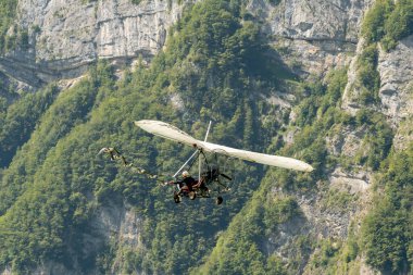 Mollis, İsviçre, 18 Ağustos 2023 Ultralight uçağına hava gösterimi sırasında kuşlar eşlik etmektedir.