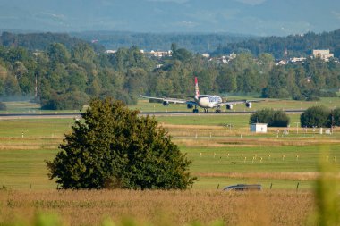 Zürih, İsviçre, 6 Eylül 2023 HB-JMF Edelweiss Air Airbus A340-313X uçağı 14 numaralı piste iniyor.